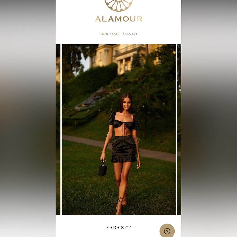 Alamour Yara two piece top/skirt set size L luxe black satin